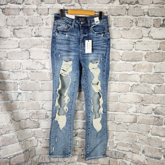 Judy Blue High Waist Vintage Destroyed Straight Leg NWT Blue Size 7/28 - Picture 2 of 16